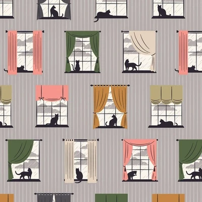 Feline Drive Fabric SPRING SHOWERS Cozy Dry Cats Organic Fat Quarter (18x22") FQ - Image 1 of 4