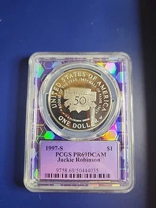 1997-S Jackie Robinson Commemorative Silver Dollar PCGS PR69DCAM Purple Core NFC - Picture 1 of 6