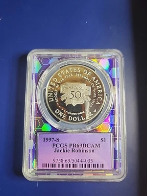 1997-S Jackie Robinson Commemorative Silver Dollar PCGS PR69DCAM Purple Core NFC - Image 1 of 4