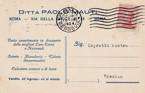 C3442-REGNO, CARTOLINA "DITTA PAOLO MAUTI" ROMA PER BRESCIA, A CAPRETTI P.,1924 - Picture 1 of 2