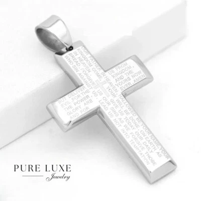NEW Gift Inc Men's Stainless Steel 60mm Our Father Prayer Cross Pendant + Box - Image 1 of 2