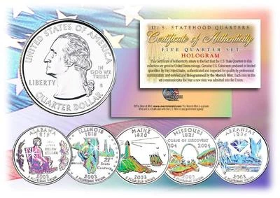 2003 HOLOGRAM U.S. MINT STATE QUARTERS * Complete Set of 5 Coins * with Capsules - Image 1 of 2