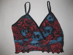 Romwe floral skull print lined mesh crop cami top XS S M black nwt goth Y2K - Picture 1 of 2