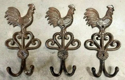 SET OF 3 ROOSTER DOUBLE HOOKS rustic brown bronze vintage country heavy duty - Image 1 of 4