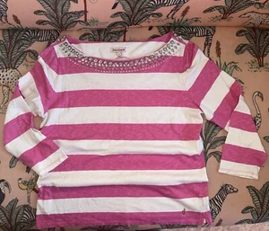 JUICY COUTURE Crew Neck Long Sleeve Cotton PINK WHITE STRIPE Bling Shirt Size L - Picture 1 of 10