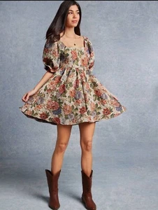 Square Neck Smocked Back Short Puff Sleeve Mini Dress Cowgirl Outfit - Picture 1 of 4