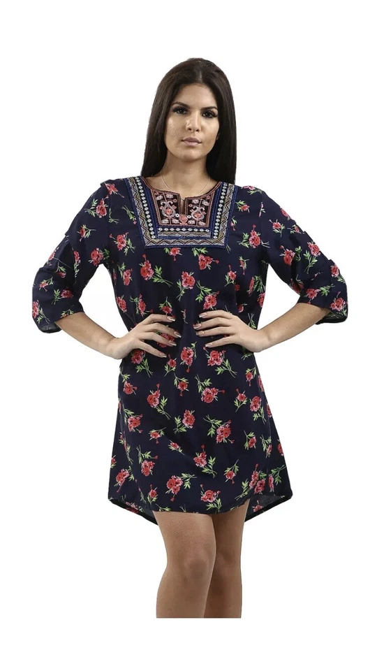 Ladies Flower Print Tunic Top Dress Summer Beachwear Kurta Casual Cotton - Image 1 of 1