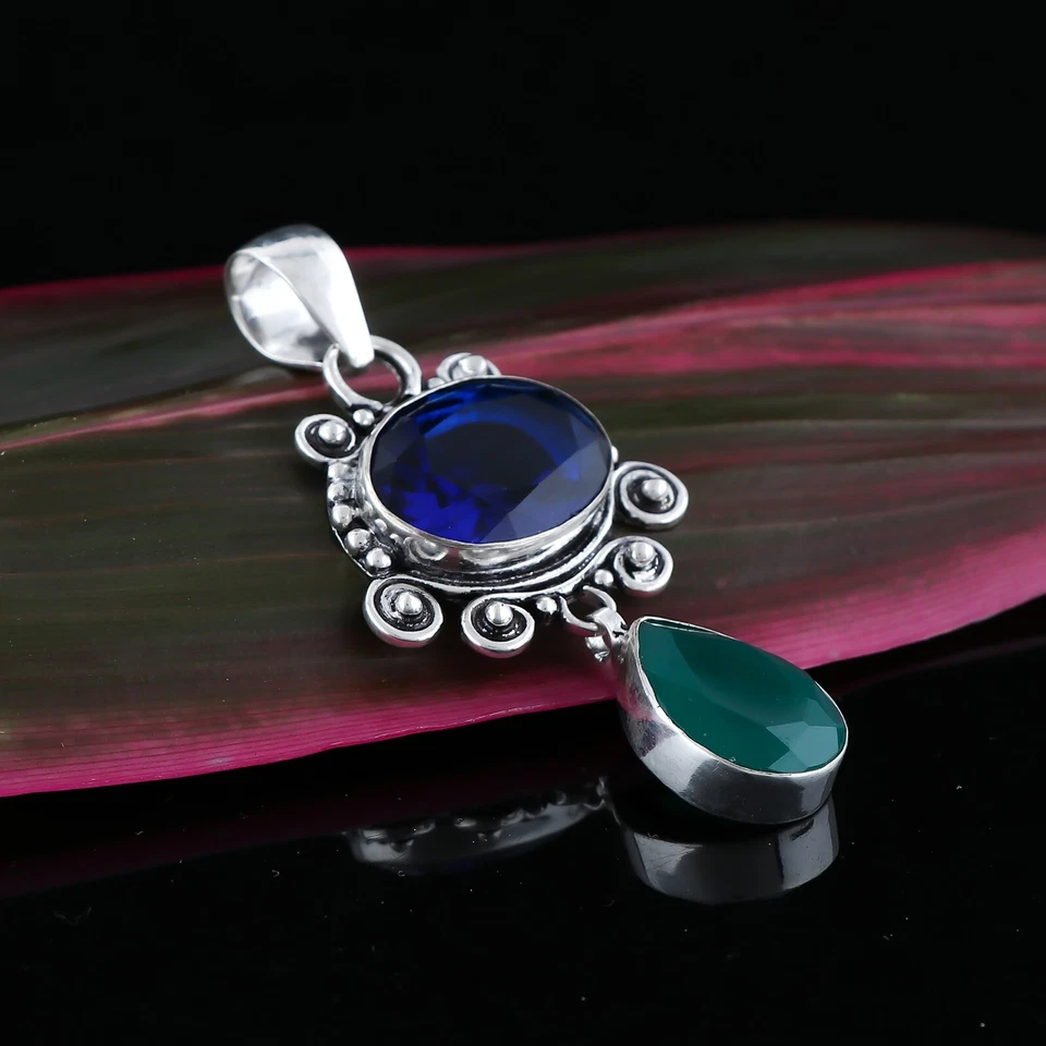 Colgante hecho a mano con piedras preciosas de zafiro azul, colgante de plata de ley 925, tamaño 1,5 pulgadas Foto 1 de 3