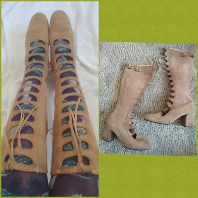 Vtg 60s Cut Out Suede Knee GoGo Gladiator Boots 6 Rosita Canada Tan Tassels 70s  - Image 1 of 4