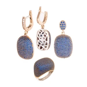 Stunning Turkish Handmade Jewelry Round Sapphire Zircon 925 Sterling Silver Set - Picture 1 of 11