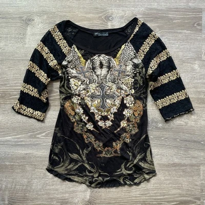 Top Grunge Gótico Lentejuelas Metálico Flor De Lis Ángeles y Diamantes Y2K De Colección M/L Foto 1 de 4