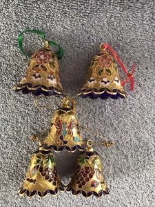 Cloisonné Bell Christmas Ornament Lot 5 BUTTERFLY Grapes Bunch FLORAL Gold Blue - Picture 1 of 8