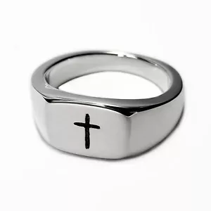 Anello in argento sterling 925 con stampa croce fatto a mano da uomo anello a fascia gioielli cristiani - Foto 1 di 6