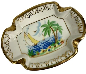 Gilded Numbered Ceramic Ashtray Made In ITALY Sailboat Palm Trees Vintage 6” - Picture 1 of 10