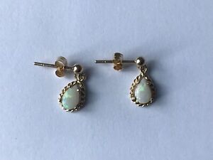 Fire Opal Dangle Drop Stud 9ct Gold 1985 Vintage Earrings