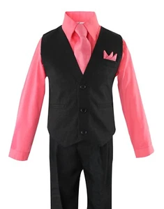 Toddler Boys 4 Piece Suit Set, Solid Black Vest and Pants w/ Colored Shirt 2T-14 - Picture 1 of 11