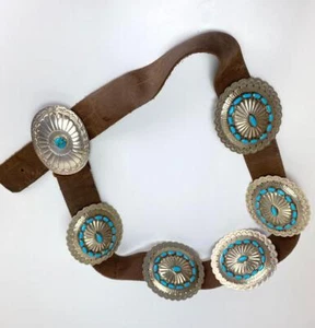 Enorme cinturón de concho turquesa hecho a mano navajo de colección con hebilla estampado cuero plateado - Imagen 1 de 9