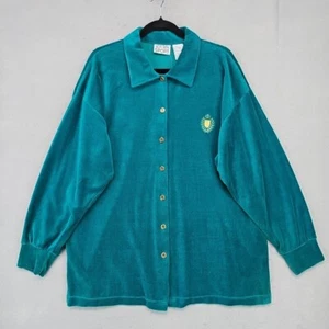 Vintage 90s Jaclyn Smith Sport Oversized Velvet Shirt Womens L Teal Embroidered - Picture 1 of 10