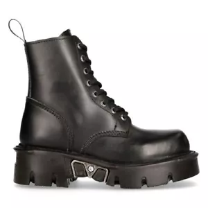 New Rock M-MILI084N-S Unisex Metallic Black 100% Leather Platform Military Boots - Picture 1 of 1