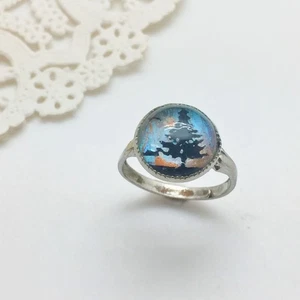 Vintage Real Butterfly Wing Under Glass Ring Adjustable 6.5" Silver Tone Tree - Picture 1 of 7