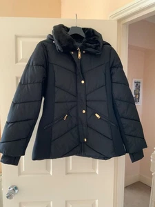 Authentic Michael Kors ladies hooded puffer scuba belted coat jacket,black,L,new - Picture 1 of 17
