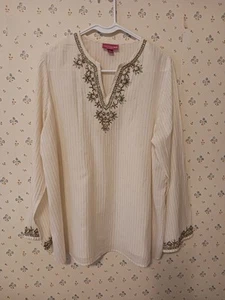 LIZ LANGE women ivory/gold multicolor beading cotton blend MATERNITY tunic XL - Picture 1 of 14