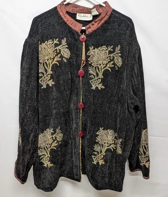 De colección. Chaqueta Flashback Negra Floral Tapiz Madera Botón Con Bolsillos Para Mujer 2X Foto 1 de 4