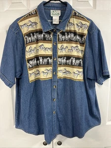 Camisa Quacker Factory Mujer Denim Y Patrón Cebra Talla 2XL, Mangas Cortas - Imagen 1 de 4