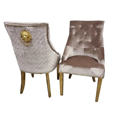 6x Bentley Chrome Dining Chair Beige Velvet Lion Knocker - Image 1 of 4