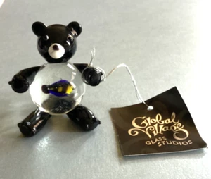 Global Village Glass Studio Black Teddy Bear with Fish Handblown Glass 2”  NOS - Picture 1 of 4