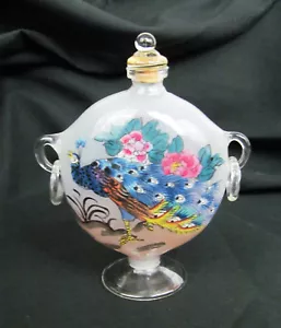 Vintage Rückseite handbemalt mundgeblasen Glas doppelseitig Pfau Flasche Dekor - Bild 1 von 6