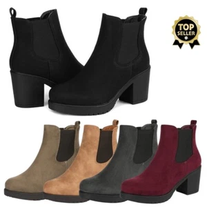 Women Lady Chelsea Ankle Boots Chunky Block High Heel Slip On Suede US Size 5-11 - Picture 1 of 42