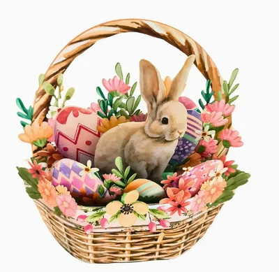 TARJETA EMERGENTE 3D-Tarjeta canasta emergente de feliz Pascua hecha a mano con conejito colorido, huevos Foto 1 de 3