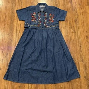 Jane Ashley Dress Womens Medium Denim Embroidered Floral Pockets Vintage Midi - Picture 1 of 11