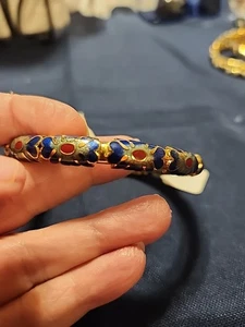 Bracciale Vintage Cloisonne Smalto FIORE BLU Tono Oro Retrò Ottone - Foto 1 di 3