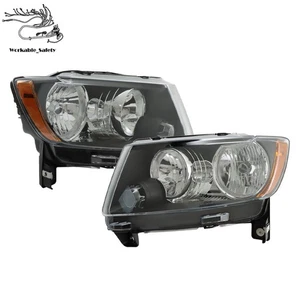 Pair Black Headlights For 2011-2013 Jeep Grand Cherokee 11-17 Compass Halogen - Picture 1 of 13