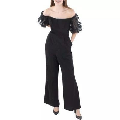 Xscape Women's Petite Floral Applique Off-the-Shoulder Jumpsuit, Black Size 6P - Image 1 of 2