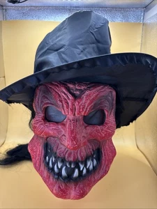 Vintage Red Devil Face Mask With Attached Black Hat And Long Black Hair - Picture 1 of 8