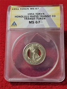 1951 HONOLULU RAPID TRANSIT CO TRANSIT TOKEN ANACS MS 67 HULA GIRL #T4838 - Picture 1 of 2