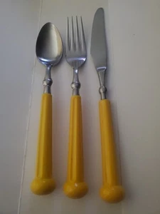 Oxford Hall Fashion Ware Yellow Handle 1 Forks and 1 Spoon 1 Knife Flatware - Picture 1 of 3