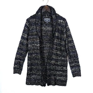 Lucky Brand Shawl Neck Shag Fleece Open Cardigan Navy Silver Metallic Sz Medium - Bild 1 von 8