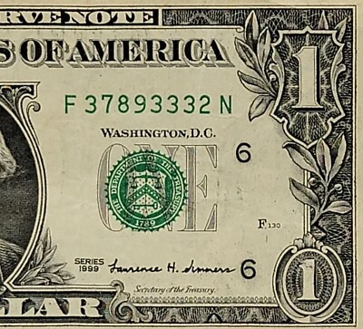 Old Note 1999 Fancy Serial Number One Dollar F37893332N DC Run 44.8m Four 3s - Image 1 of 4