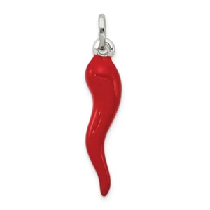 Sterling Silver Red Enameled 3-D Italian Horn Charm Pendant 1.3 Inch - Picture 1 of 4
