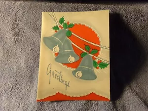 Biglietto di Natale vintage anni 40 GMA Canada, 3 campane blu e agrifoglio - Foto 1 di 3