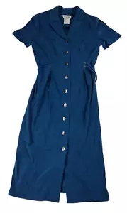 VTG Miss Dorby Womens Size 10 Dress Blue Midi Button Up V Neck Short Sleeve - Picture 1 of 5