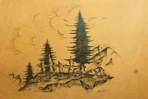 Pintura a tinta paisaje montaña 1953 firmada - Imagen 1 de 12