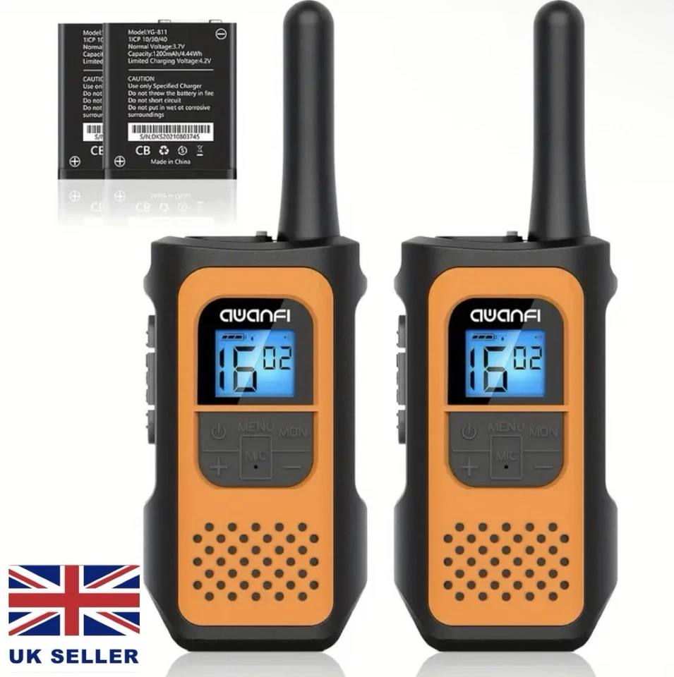 AWANFI 2X Walkie Talkies 2-Way Radio Long Range USB C Charging Battery Orange Colour