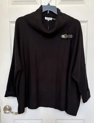 Suéter feminino Calvin Klein S/M preto drapeado capa LS com fivela de couro novo com etiquetas - Imagem 1 de 4