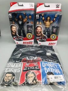 WWE WRESTLEMANIA 37 ROMAN REIGNS VS EDGE COMBO: Mens T-Shirt Size XL & 2 Figures - Picture 1 of 11