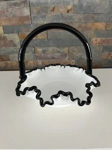 Fenton Ebony Crest Handled Basket ~ Ruffled ~ Hard To Find ~ Black Crest - Picture 1 of 9